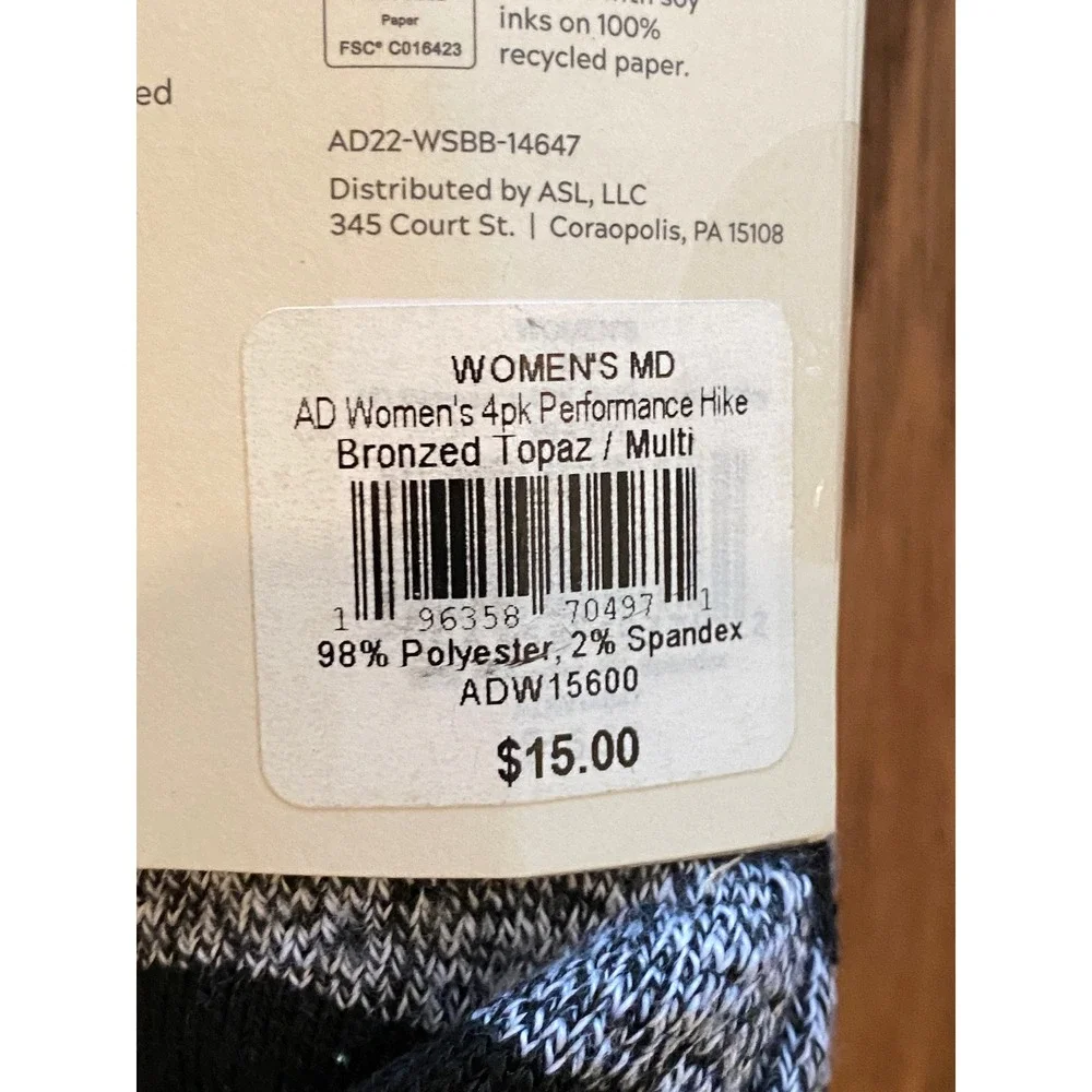 Alpine Design Womens 4pk Performance Hiking Socks Crew Cut Bronzed Topaz MD